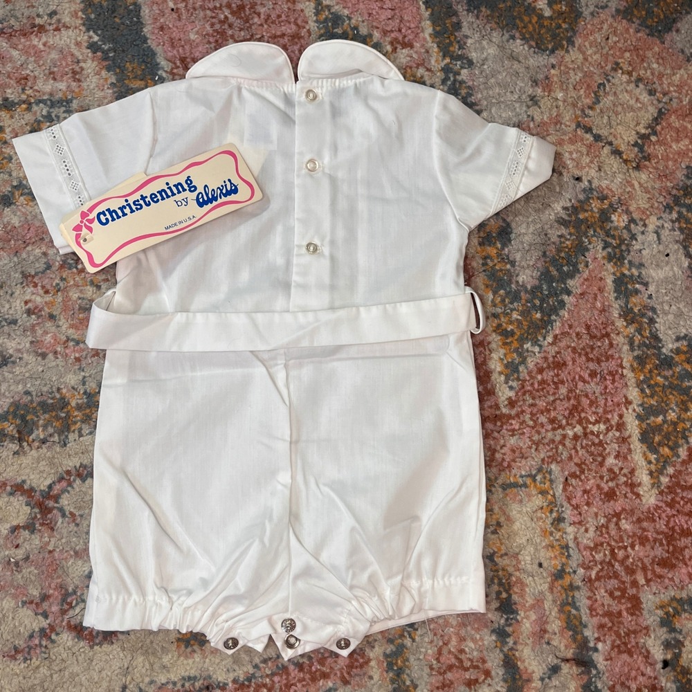 Vintage Alexis Christening Romper Bonnet Set White Eyelet 6 Months NWT Made USA - Picture 3 of 7